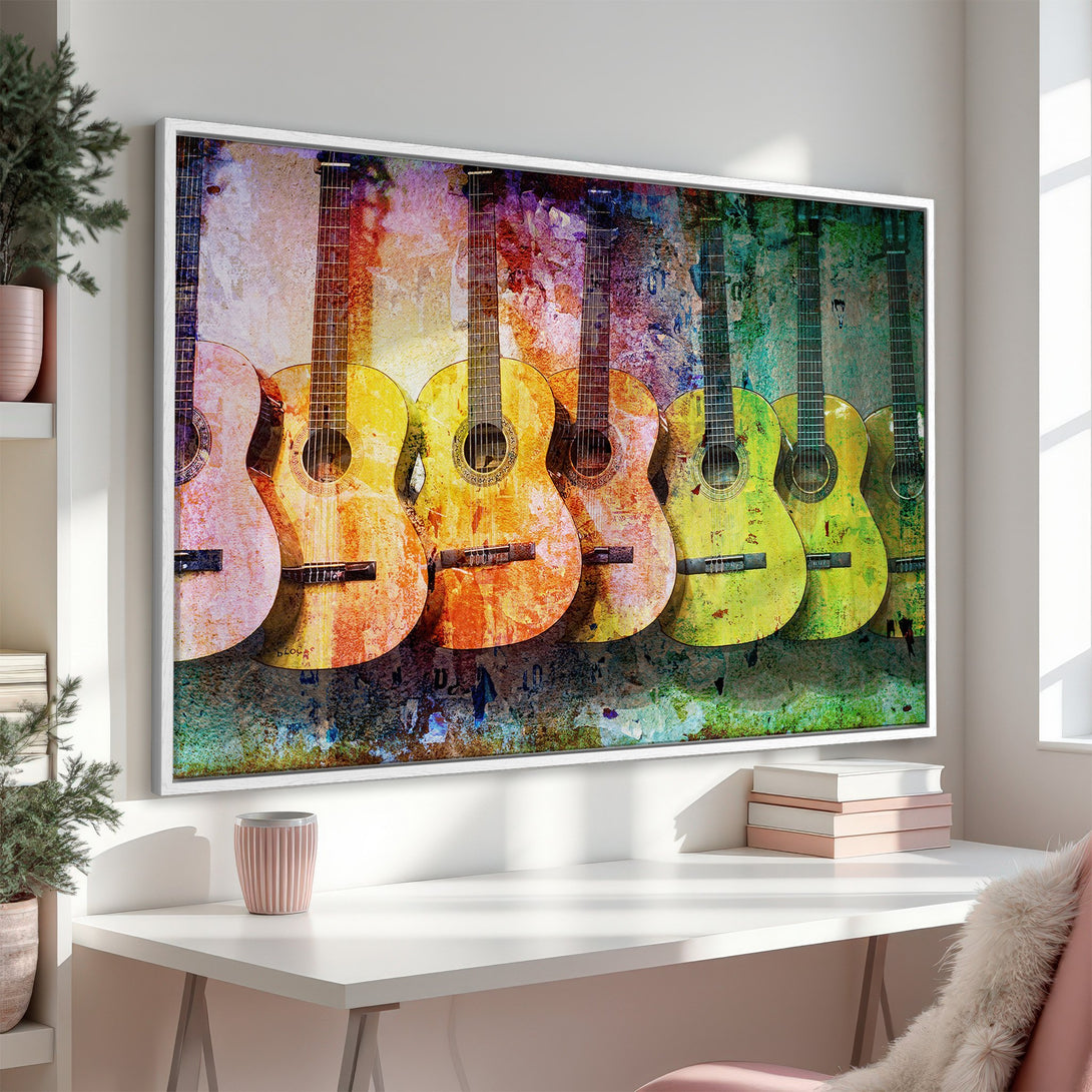 Framed Wall Art: Abstract guitars in vibrant colors. Add a touch of musical art to your home with this colorful Canvas Print!