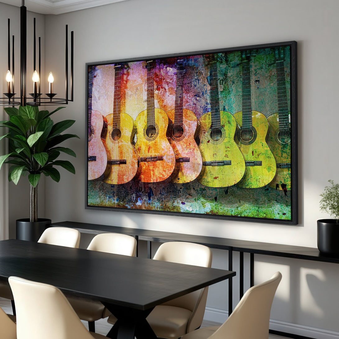 Framed Wall Art: Colorful guitars canvas print. Rustic, grunge style with vibrant yellows, oranges, greens, and blues. Perfect music-themed wall decor for your home.