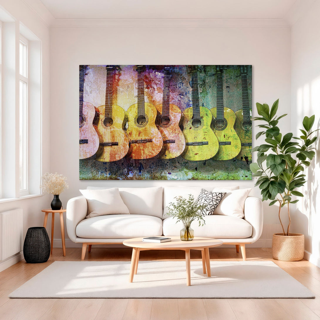 Framed Wall Art featuring colorful guitars in an abstract style. Adds a vibrant pop of color to any room. Perfect for music lovers!