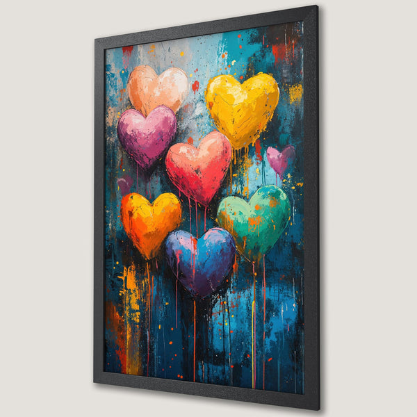 Framed Poster featuring colorful heart balloons on a textured blue background. Perfect wall art for a vibrant and loving touch.