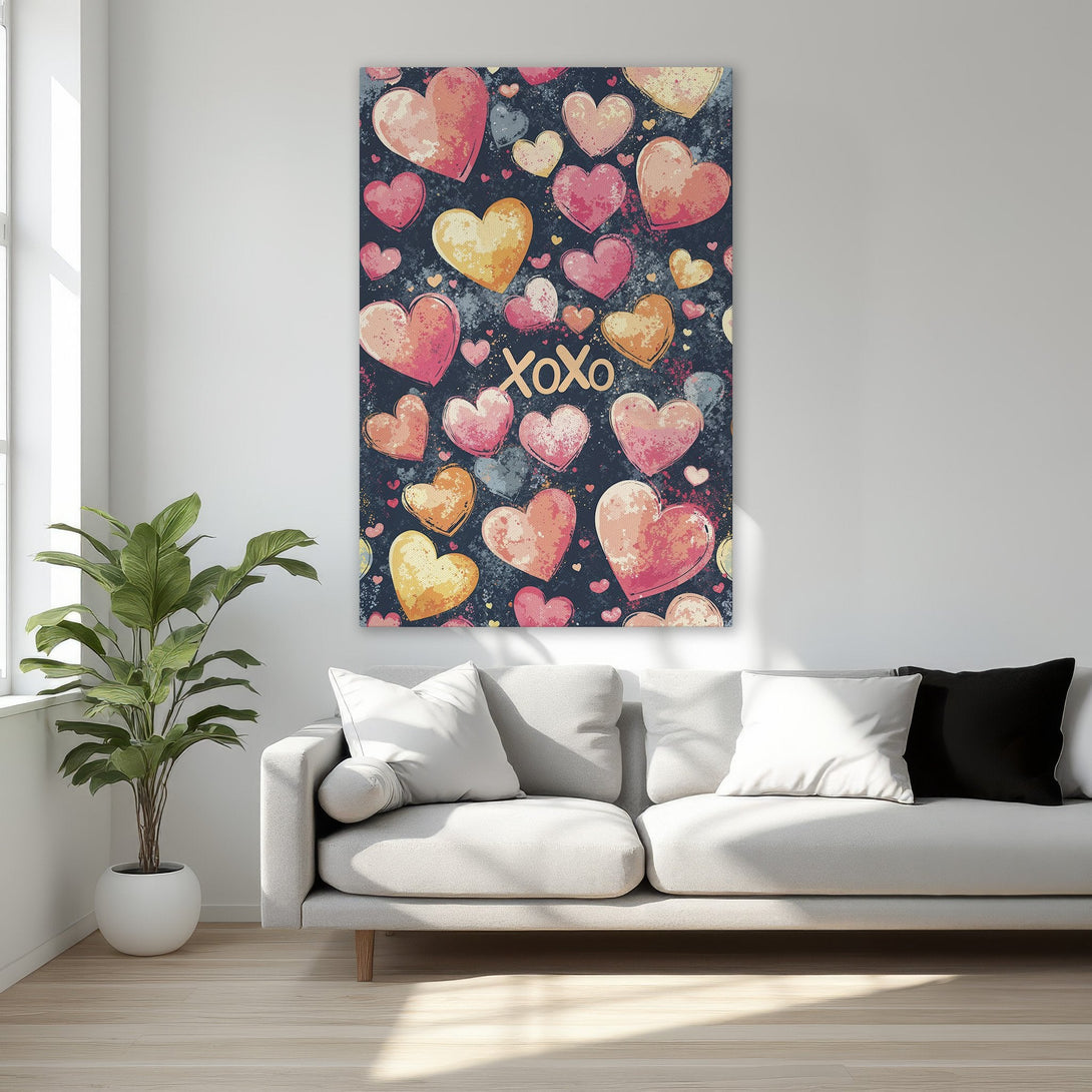Framed Wall Art featuring a romantic heart design in a vibrant pink, orange, and gold palette. Perfect for adding love and warmth to your bedroom decor.