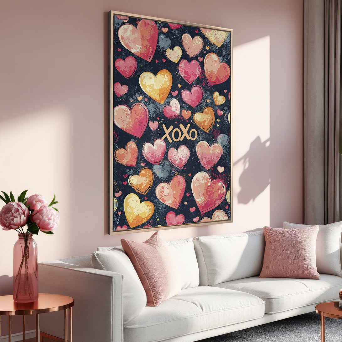 Framed Wall Art featuring a vibrant heart print with a warm pink and gold color palette. Perfect for adding love and style to any room!