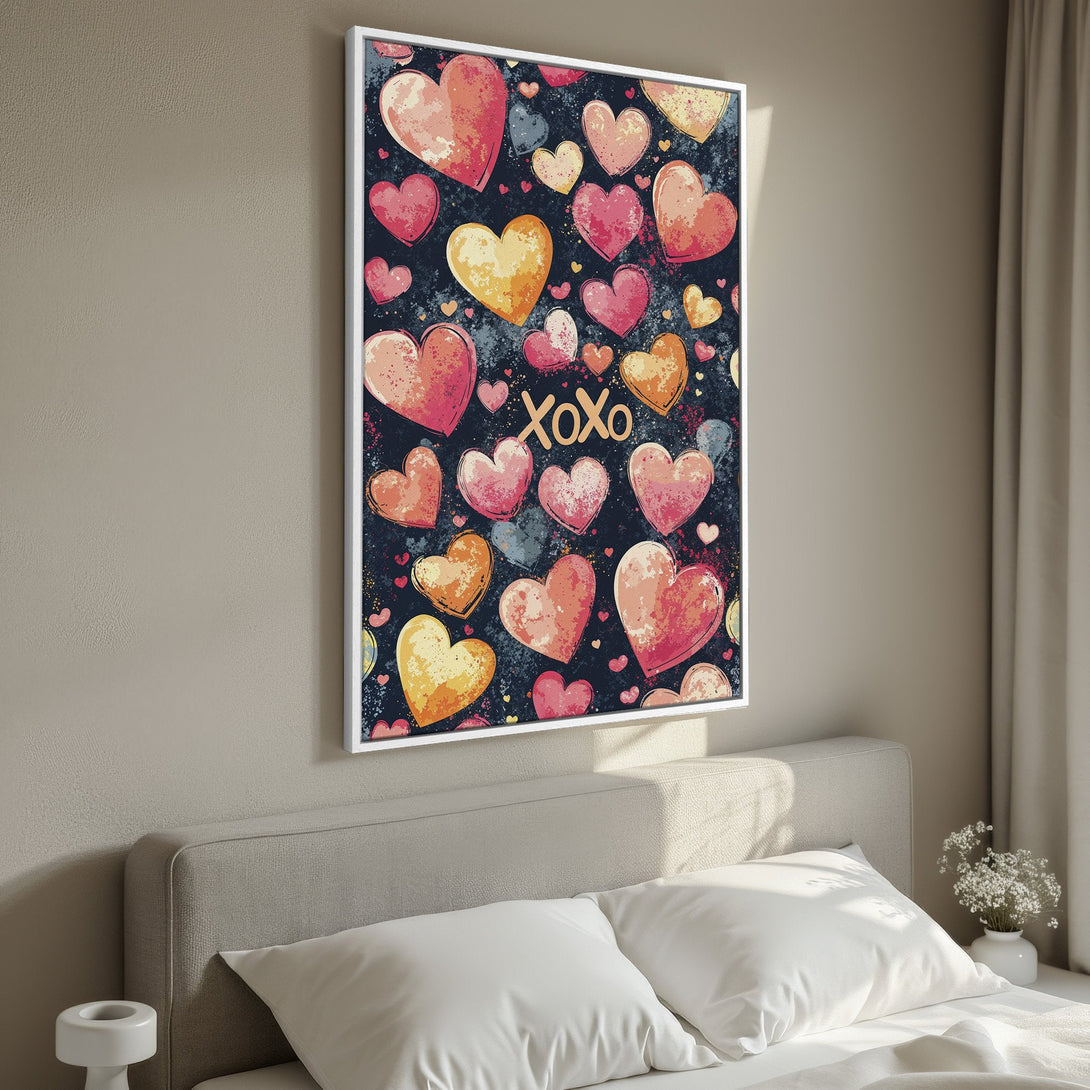 Framed Wall Art featuring a vibrant heart pattern in pink, orange, and yellow hues. Perfect for adding a touch of love and warmth to any space!
