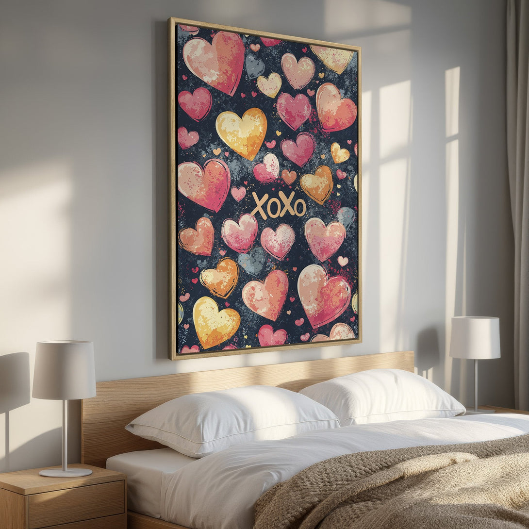 Framed Wall Art featuring a heart-filled design in a watercolor style. Pink, orange, and yellow hearts pop against a dark background, perfect for Valentine's or everyday love.