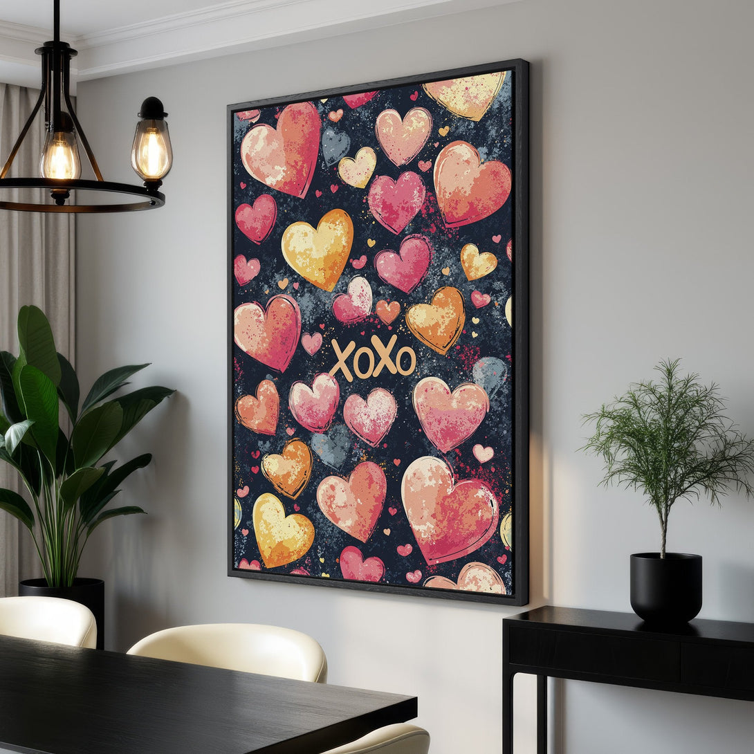 Framed Wall Art featuring a vibrant heart pattern on a dark background. Modern style with a warm, romantic color palette. Perfect for adding love to your home!