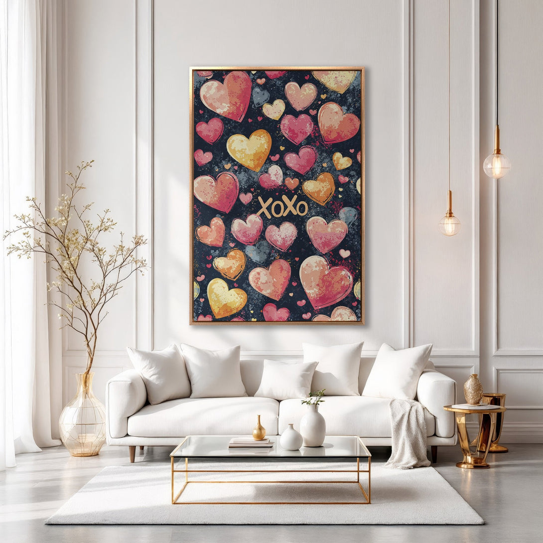 Framed Wall Art: Heart-themed Canvas Print in a modern living room. Features a dark background with colorful hearts in pink, yellow, and orange. Perfect for Valentine's Day decor!