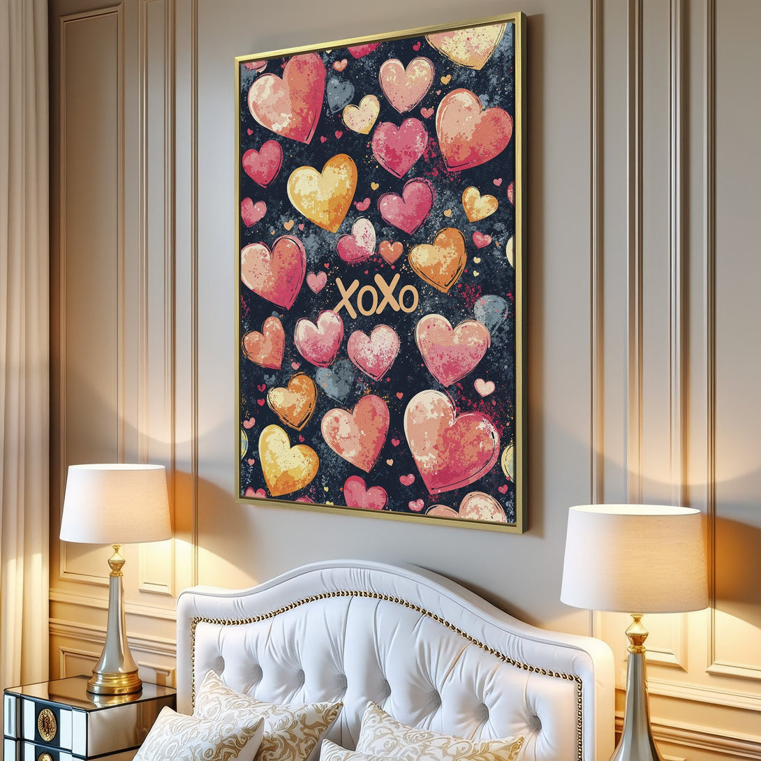 Canvas Print featuring watercolor hearts in pinks, oranges, and yellows. Modern art for Valentine's Day, perfect for adding love to your home decor.