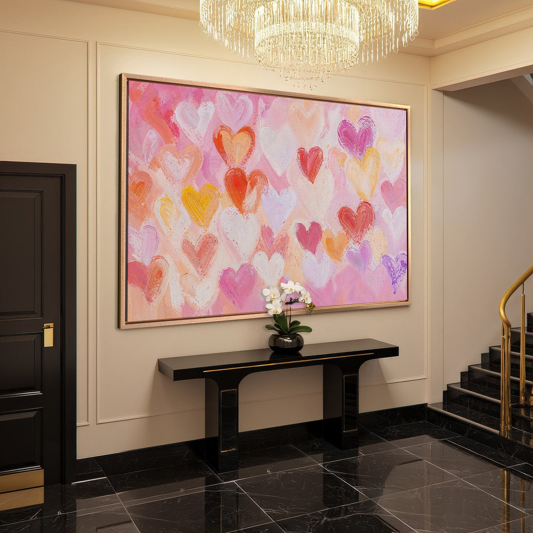 Framed Wall Art: Abstract heart painting in pink, red, and yellow hues. Modern art for a stylish interior. Canvas Print available.