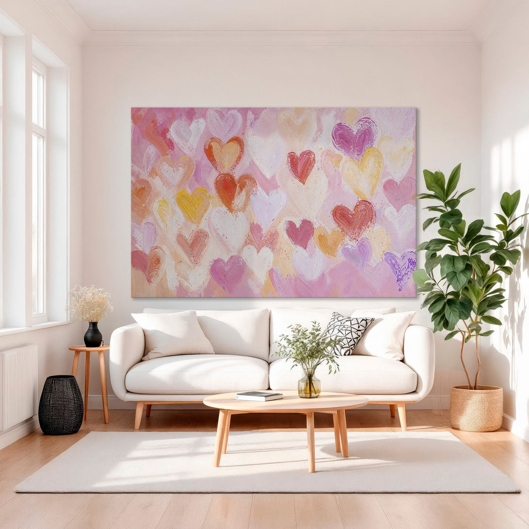 Framed Wall Art: Abstract heart painting in pink and warm tones. Modern art canvas print adds a touch of love and style to any interior.