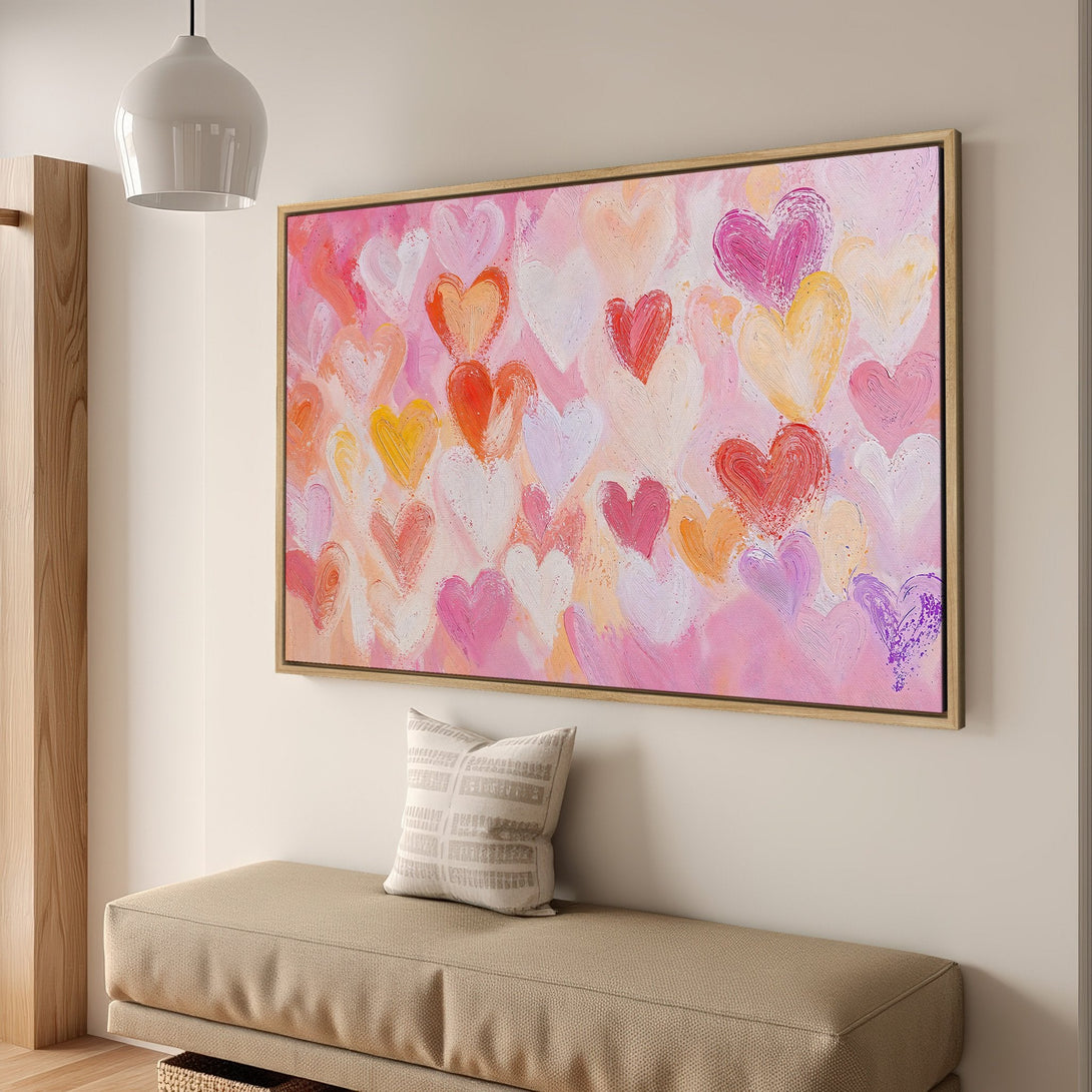 Framed Wall Art: Abstract heart painting in a pink, peach, and red color palette. Modern art for home decor, perfect for adding love to any room.