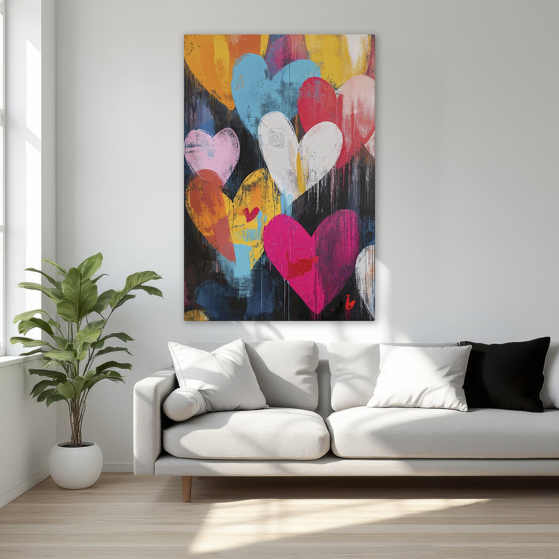 Framed Wall Art: Vibrant abstract heart painting with a colorful palette. Modern art for bedroom decor. Add love and style to your space!