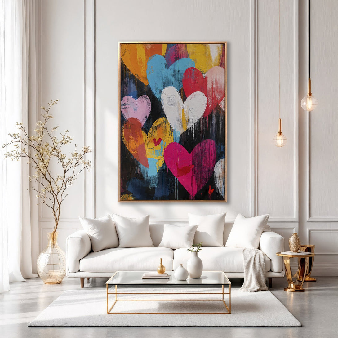 Framed Wall Art featuring colorful abstract hearts. Modern art style with a vibrant palette of pink, blue, yellow, and orange. Perfect for adding a pop of color!