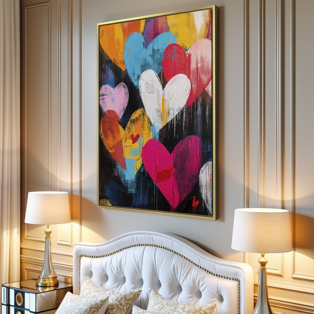 Abstract Canvas Print featuring colorful hearts in a modern interior. Vibrant palette of pink, blue, yellow, and white. Perfect wall art for your home!