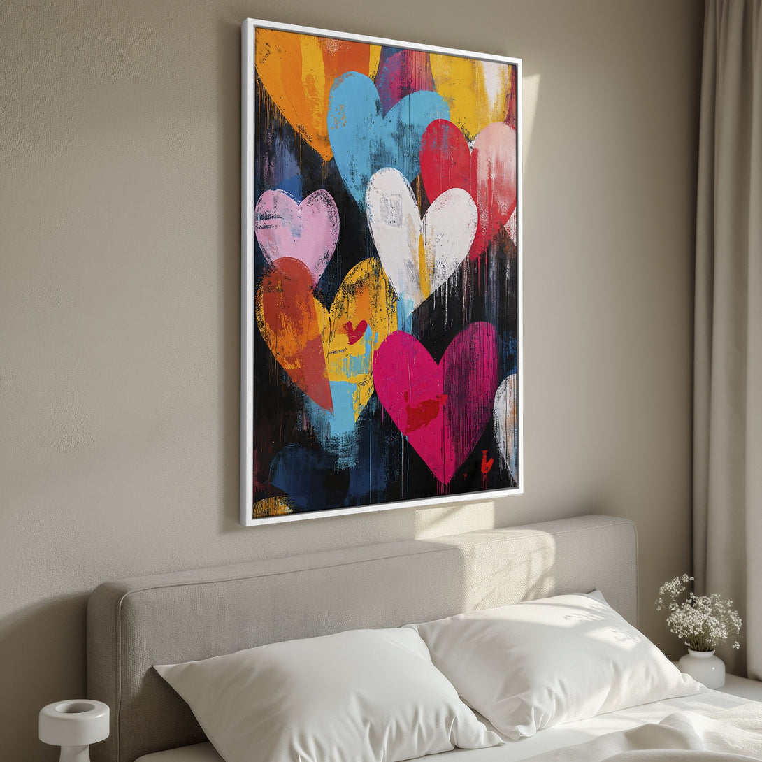 Framed Wall Art: Abstract heart painting in vibrant colors. Modern art canvas print with a colorful palette perfect for bedroom decor.