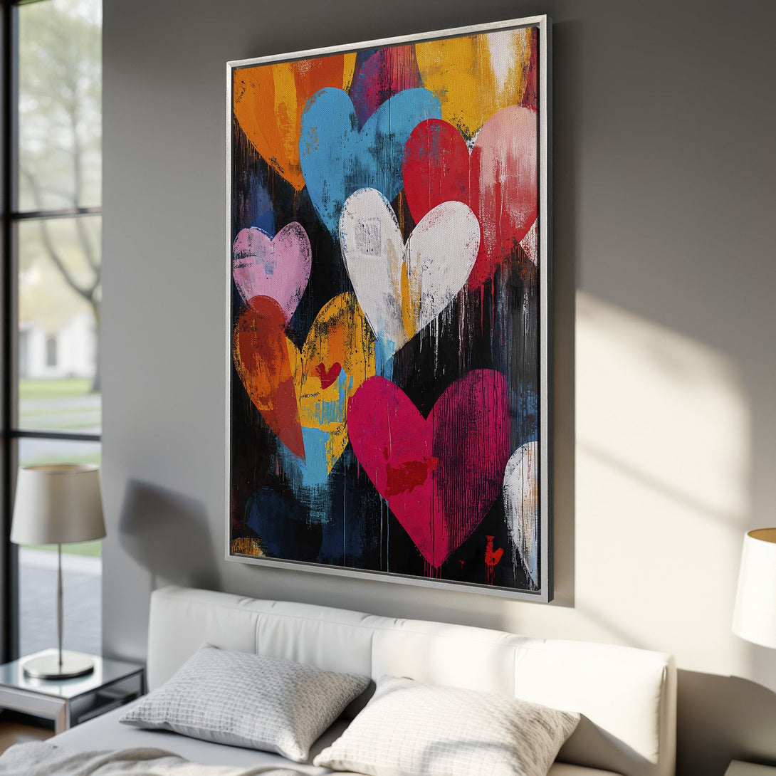 Framed Wall Art: Colorful heart abstract art canvas print. Modern style, vibrant red, blue, yellow, and orange palette. Perfect bedroom decor.