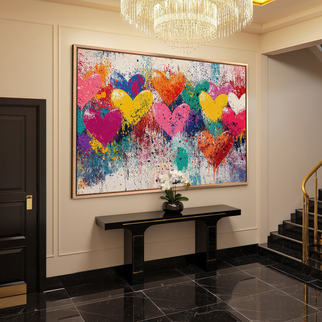 Framed Wall Art: Colorful heart abstract painting in a modern interior. Vibrant palette of pink, yellow, orange, and blue. Elevate your space with art!