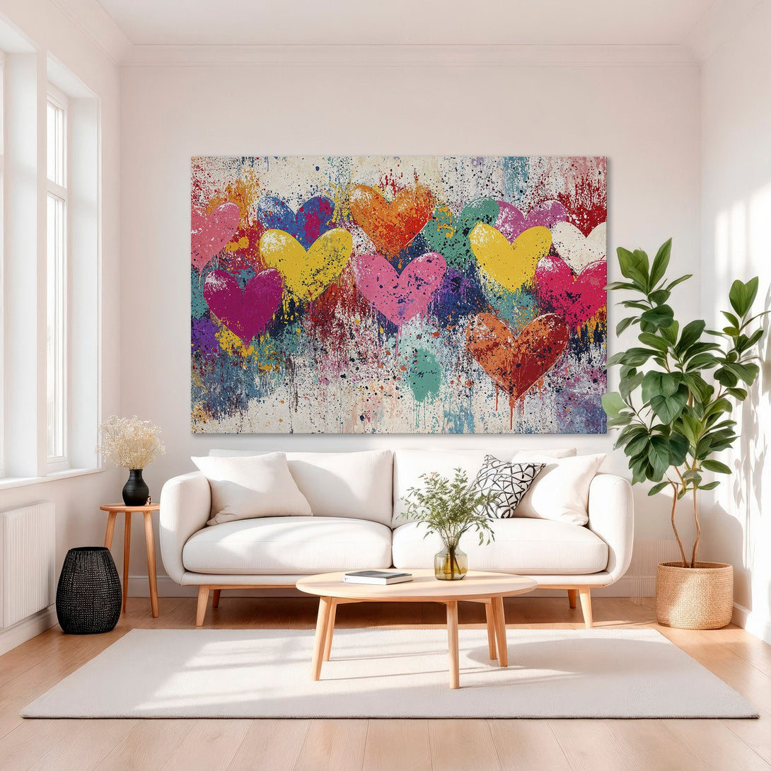 Framed Wall Art: Colorful heart canvas print in vibrant hues. Modern abstract art with a splash of color to brighten your home decor.