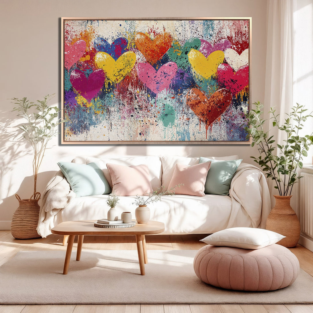 Framed Wall Art featuring colorful abstract hearts. Modern art style with a vibrant, multi-color palette. Perfect for adding a pop of color to any space.