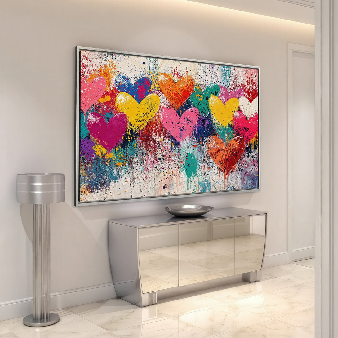 Framed Wall Art featuring a vibrant heart-themed abstract painting. Colorful expressionist style with a bright, multi-color palette. Perfect for adding a pop of art!