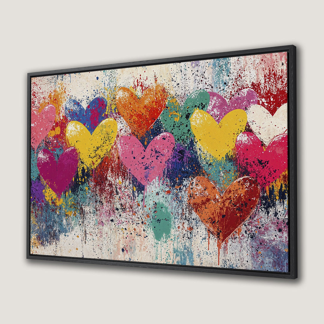Framed Wall Art: Colorful heart painting in vibrant hues. Abstract style with a splash of color, perfect for modern home decor.