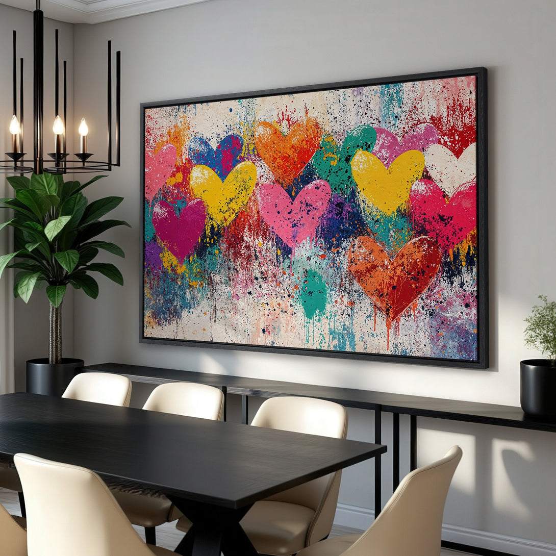 Framed Wall Art: Colorful heart painting in a modern dining room. Abstract style with vibrant reds, yellows, pinks, and blues. Perfect for home decor!