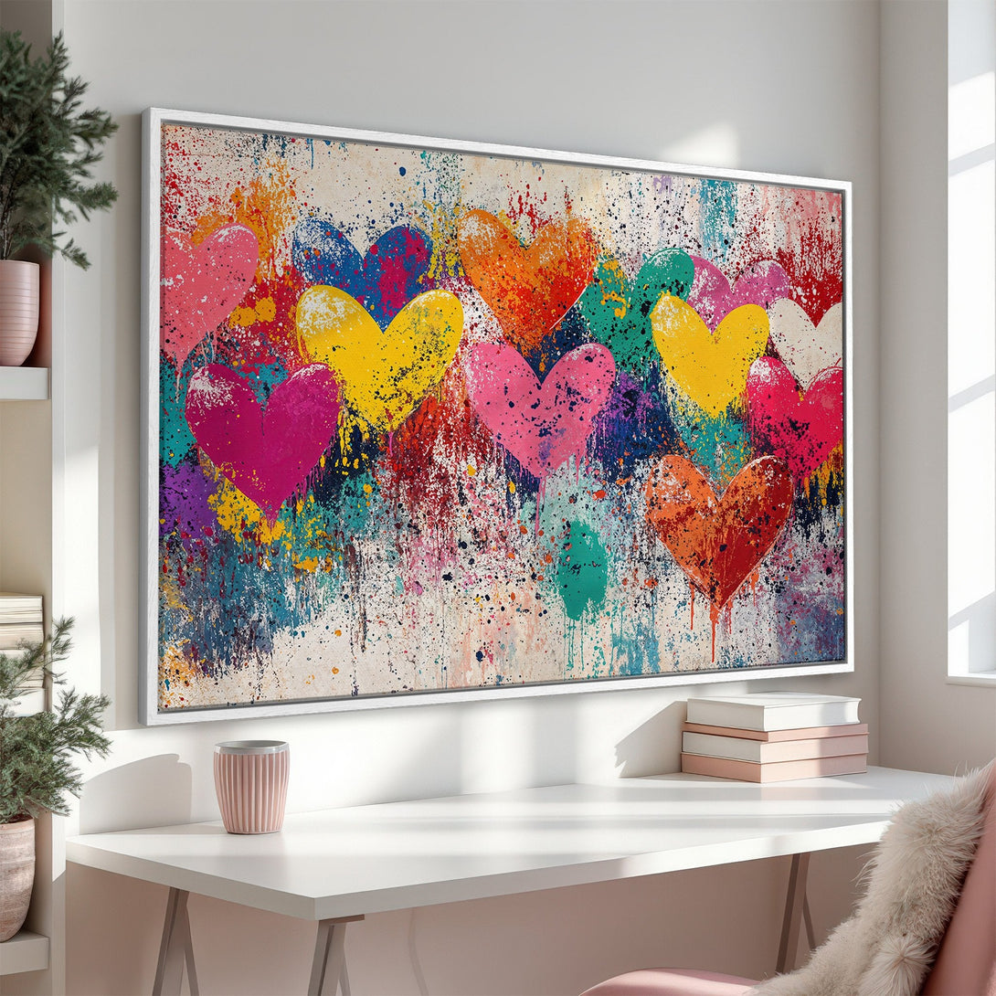 Framed Wall Art: Abstract heart painting in vibrant colors. Modern style with a colorful, romantic palette. Perfect for adding a pop of art to your space.
