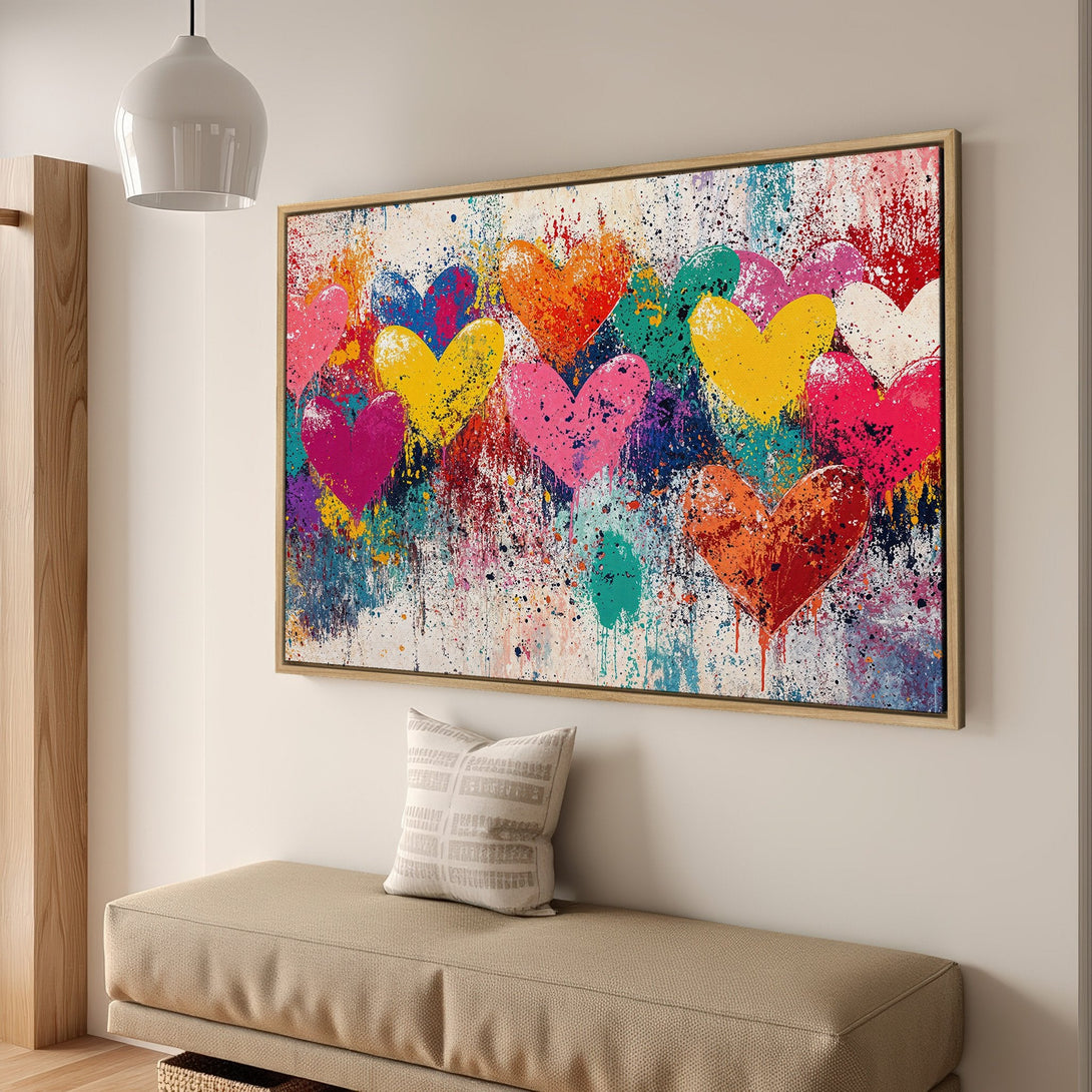 Framed Wall Art featuring vibrant, colorful hearts in an abstract style. Perfect for adding a pop of color to any space.