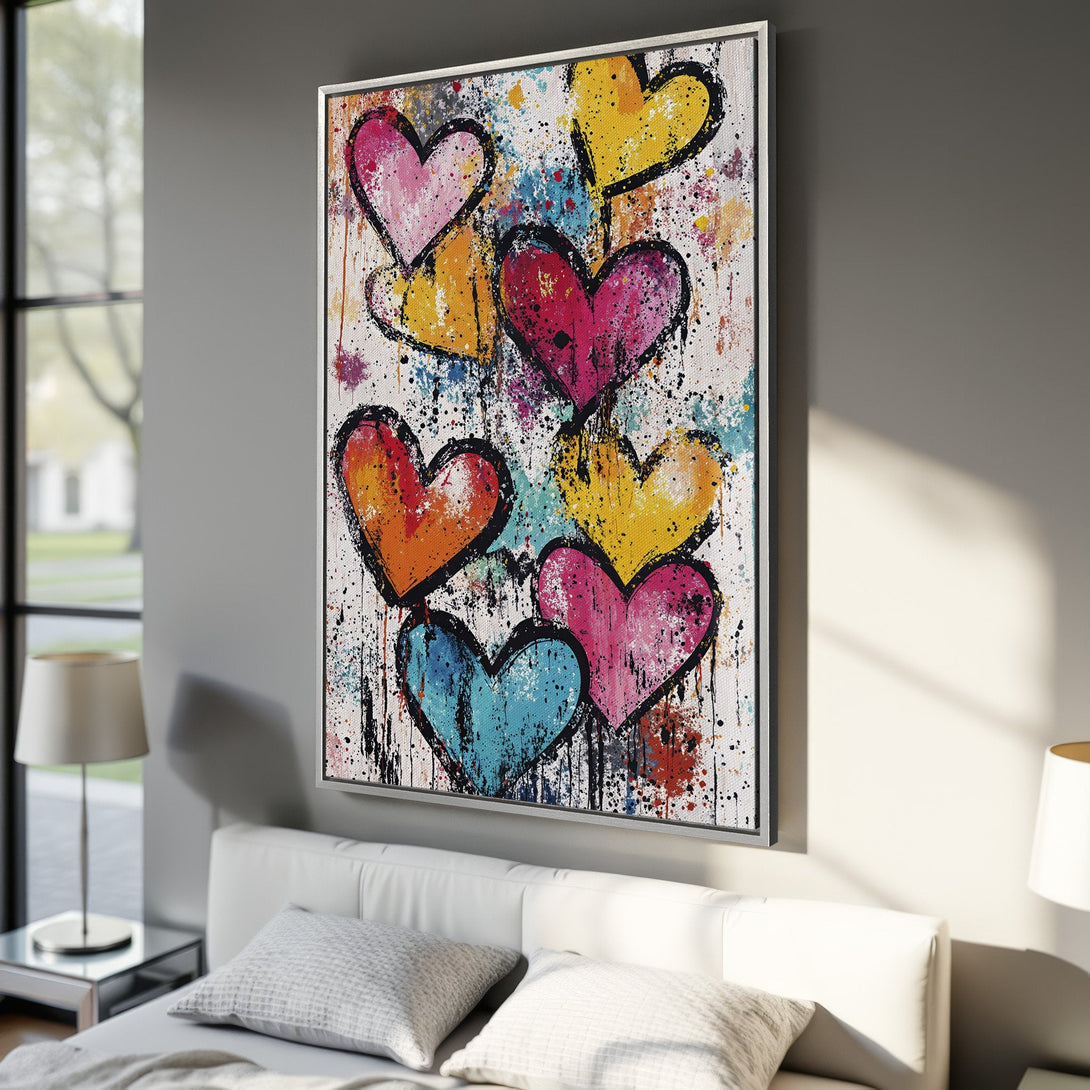 Framed Wall Art: Colorful heart abstract painting with a vibrant, playful palette. Perfect for adding a pop of art to your bedroom decor.