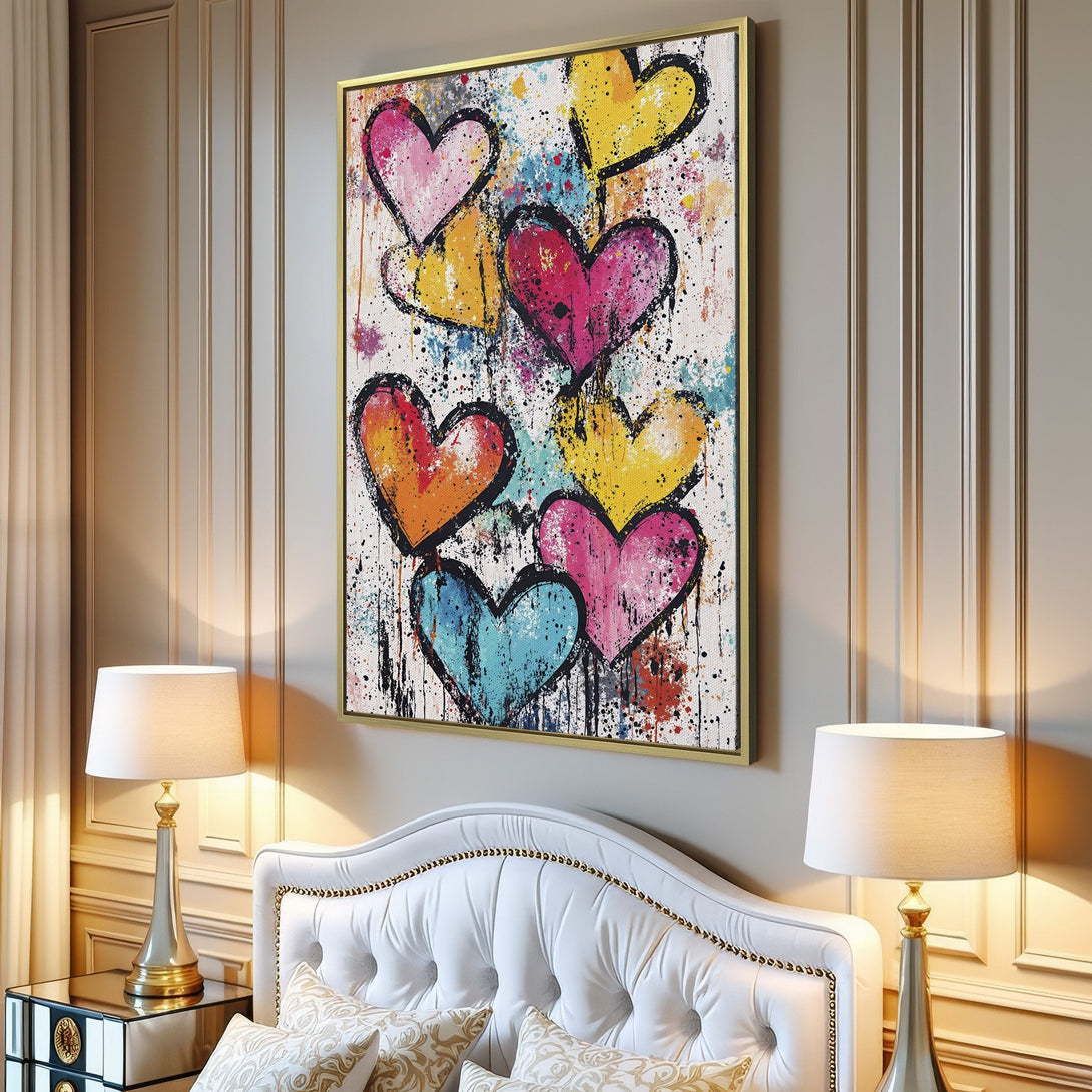 Canvas Print of colorful heart art in a modern interior. Abstract style with a vibrant palette of pink, yellow, orange, and blue. Perfect wall decor!