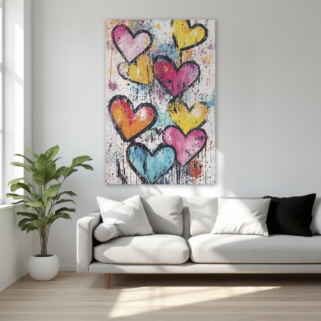 Framed Wall Art: Colorful heart abstract art canvas print. Modern style with a vibrant palette of pink, yellow, orange, and blue. Perfect bedroom decor.