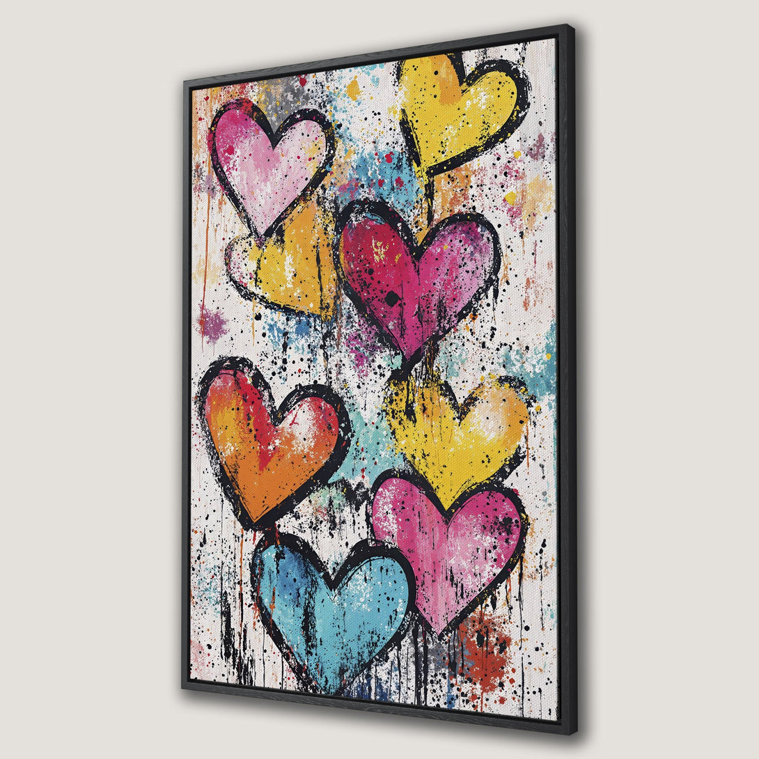 Framed Wall Art: Colorful abstract heart painting with a vibrant palette of pink, yellow, orange, and blue. Modern art for home decor.