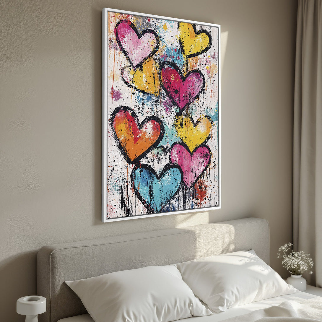 Framed Wall Art: Colorful hearts abstract art canvas print. Modern bedroom decor with vibrant pink, yellow, orange, and blue palette. Perfect for a pop of color!