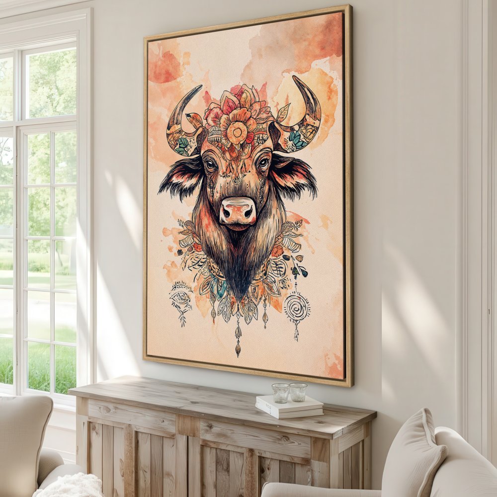 Framed Wall Art: Boho bull canvas print in warm orange tones. Add a touch of nature and style to your home decor. Shop now!