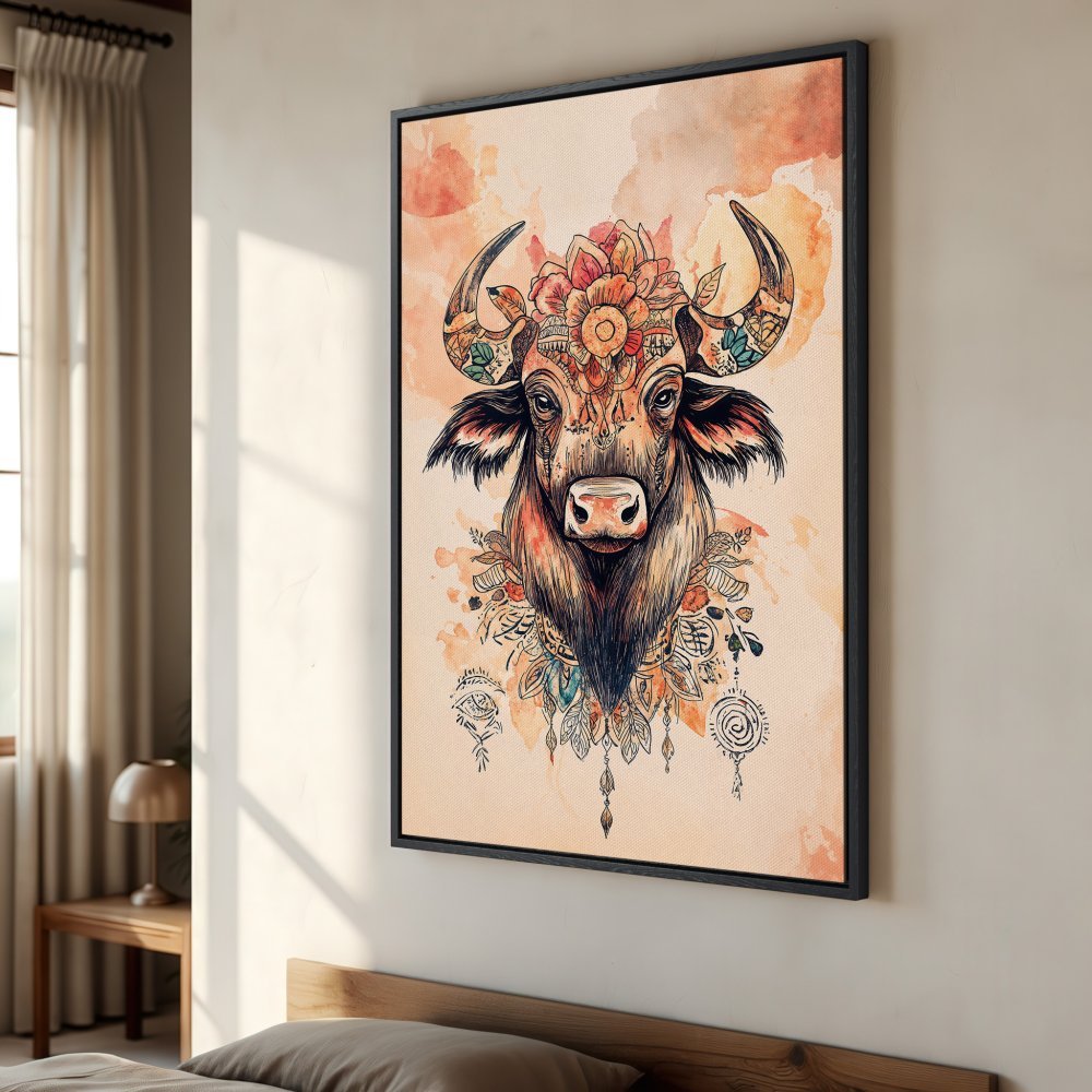 Framed Wall Art: Boho bull canvas print with floral crown. Warm peach and orange palette, perfect for adding a touch of bohemian charm to your home decor.