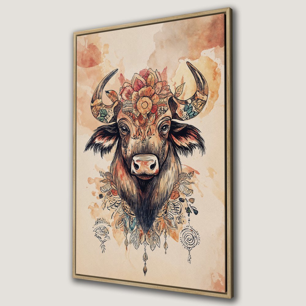 Boho-chic Canvas Print featuring a decorated bull. Earth-toned watercolor art with floral accents. Perfect for adding a unique touch to your space.