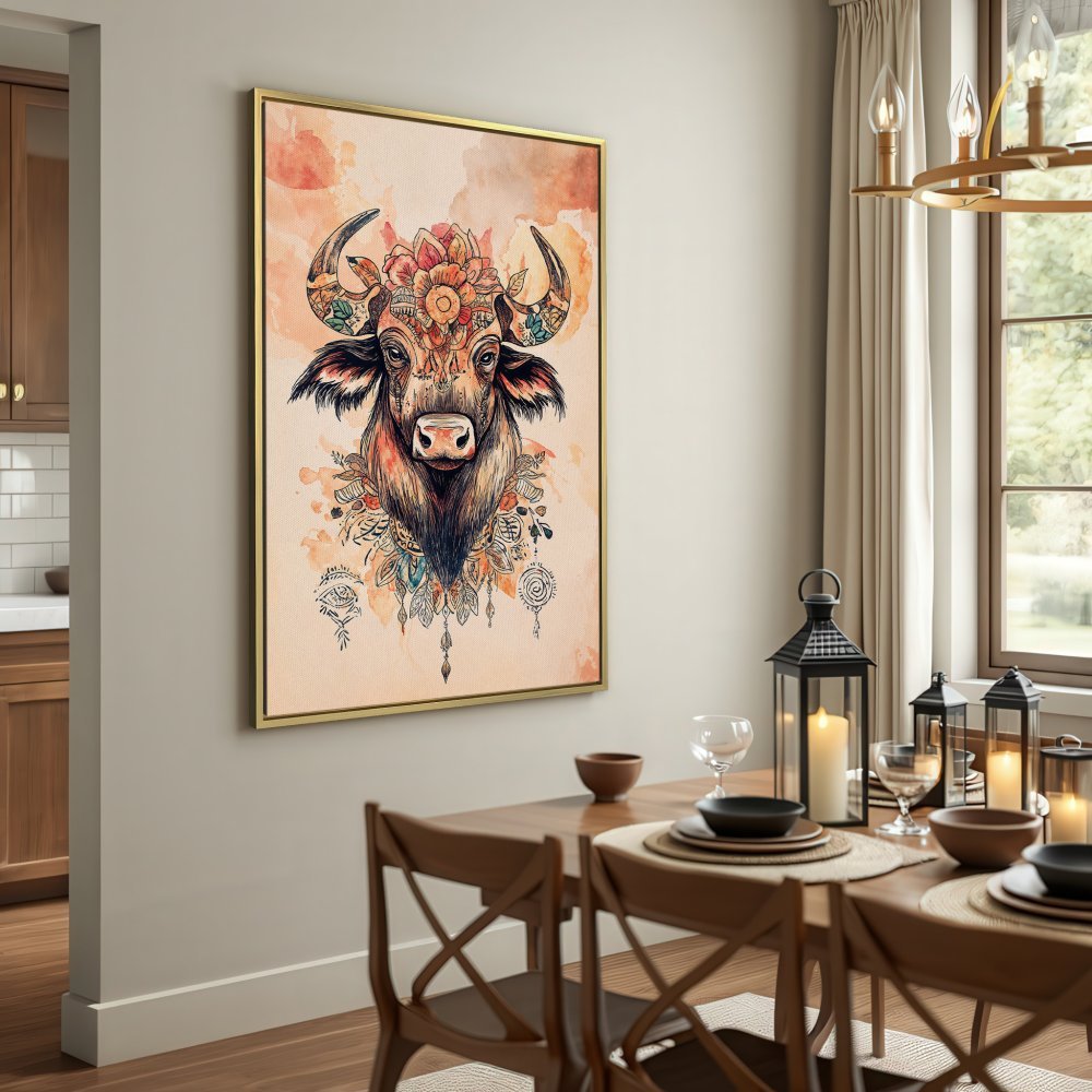 Canvas Print featuring a bohemian bull illustration in earthy tones. Add this unique wall art to your home decor!