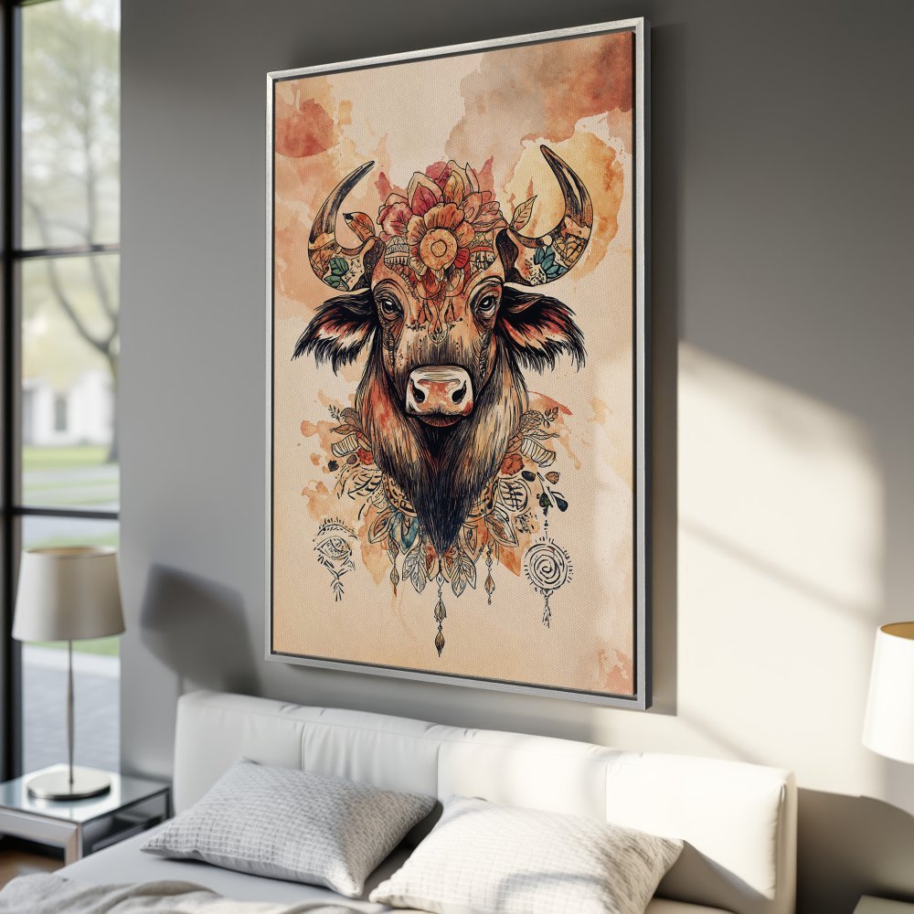 Framed Wall Art: Boho bull portrait in warm earth tones. Add a touch of rustic charm with this beautiful canvas print!