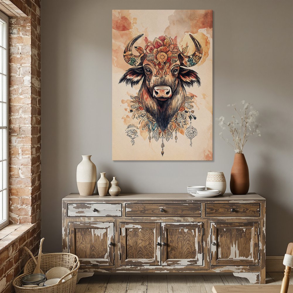 Framed Wall Art: Boho bull portrait in warm earth tones. Add artistic flair to your dining room with this stunning Canvas Print!