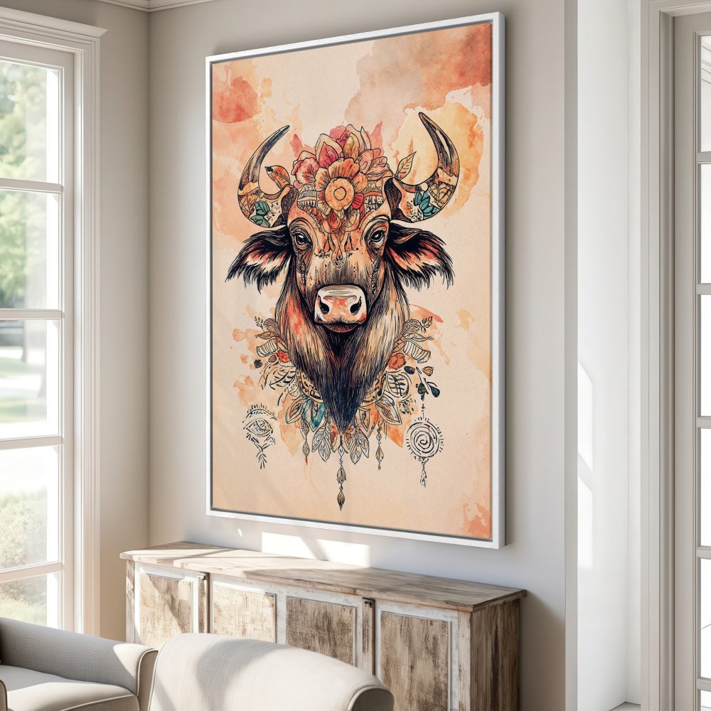 Framed Wall Art: Boho bull canvas print with floral crown. Earthy tones and watercolor style. Perfect for adding a touch of nature to your home decor.