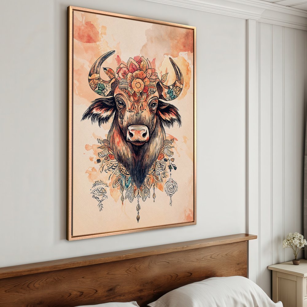 Framed Wall Art: Boho bull Canvas Print in warm orange and beige tones. Perfect for adding a touch of rustic charm to your home decor.