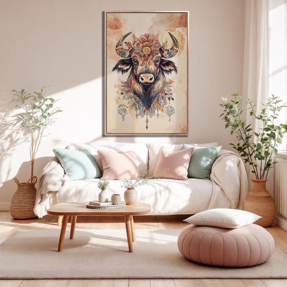 Framed Wall Art: Boho bull portrait in warm tones. Add a touch of nature and style to your space with this stunning canvas print!