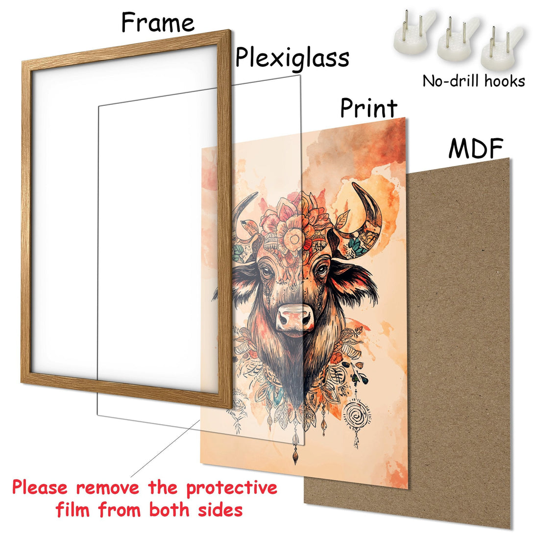 Framed Poster featuring a boho bull in warm orange tones. Perfect wall art for your home!