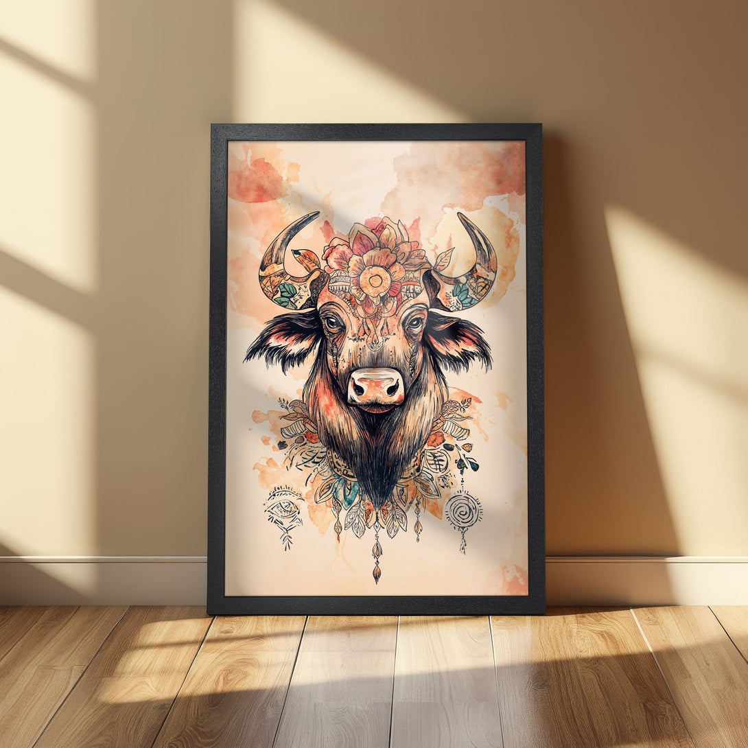 Framed Poster featuring a detailed bull illustration in a watercolor style with warm, earthy tones. Perfect wall art!