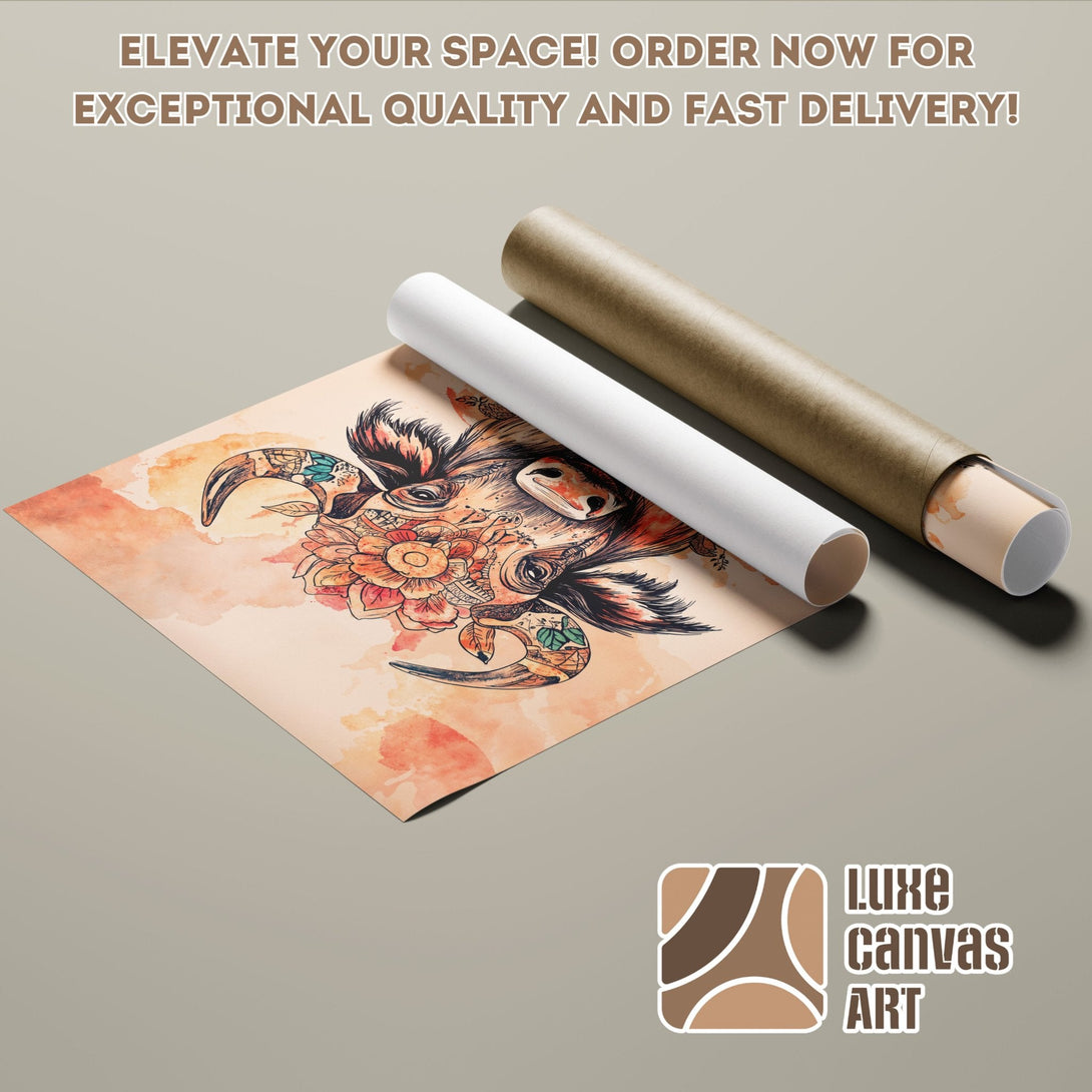 Poster Roll featuring a watercolor-style bull with floral accents. Warm, earthy color palette. Perfect wall art for your home!