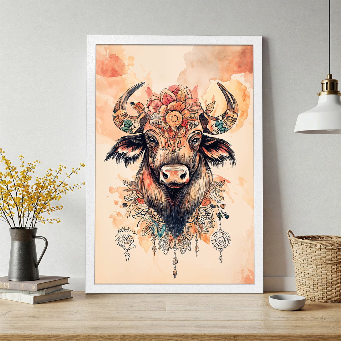 Framed Poster featuring a detailed bull illustration in watercolor style with warm, earthy tones. Perfect wall art for boho decor.