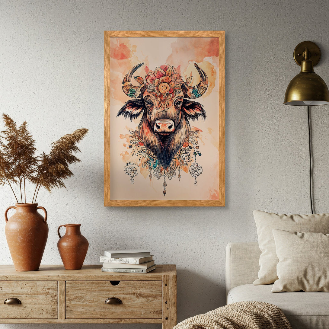 Framed Poster of a bull with floral headdress. Boho style art in warm earth tones. Add a touch of nature to your home!