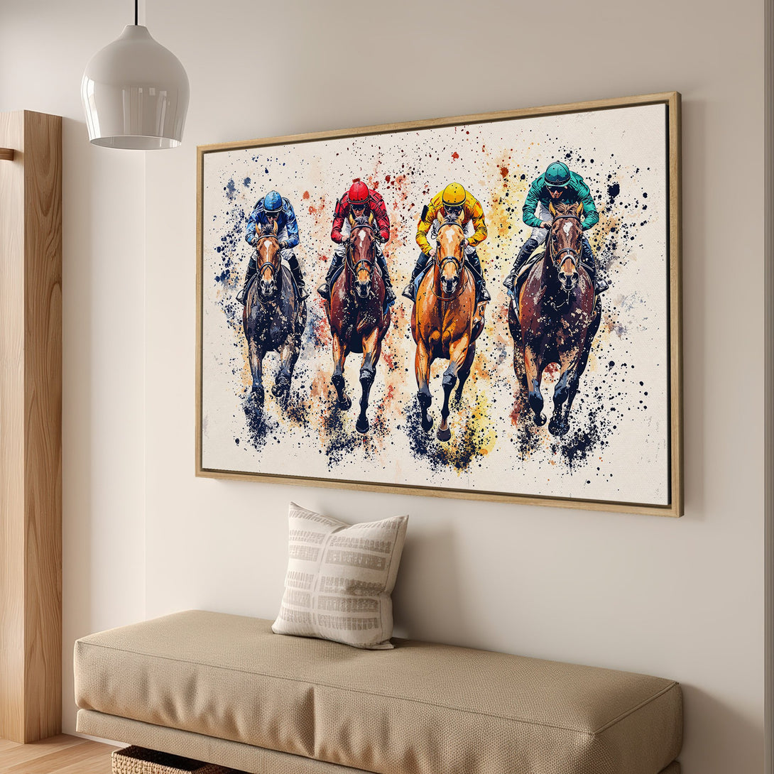 Framed Wall Art: Dynamic horse racing scene in watercolor style. Vibrant colors on a neutral background. Perfect for adding energy to any space.