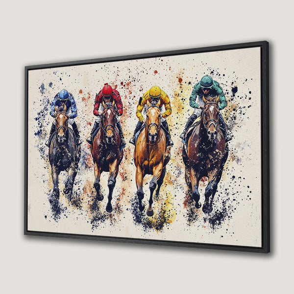Framed Wall Art: Dynamic horse racing scene in watercolor style. Vibrant colors and movement capture the thrill of the race. Perfect equestrian decor!