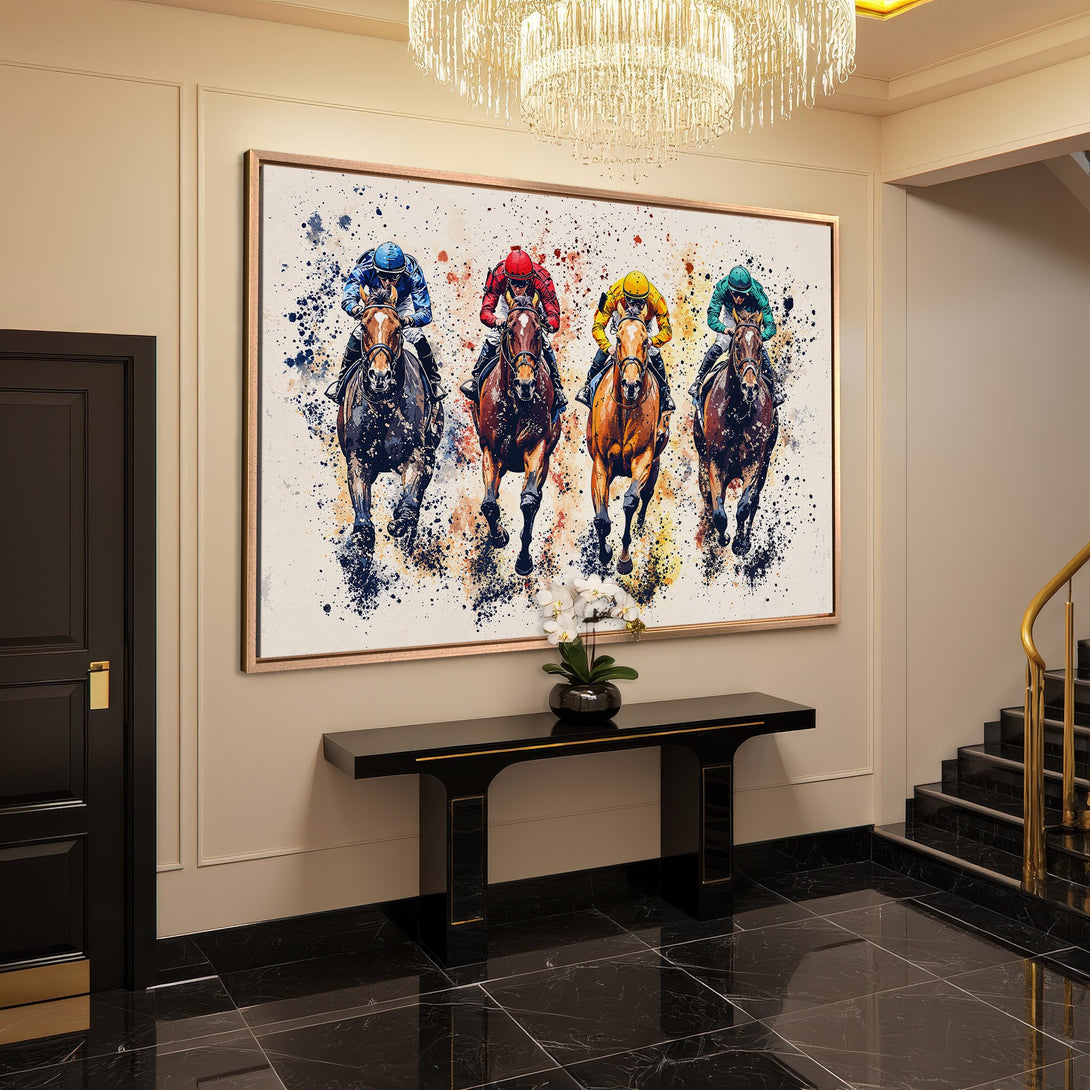 Framed Wall Art: Watercolor horse racing art in a modern interior. Vibrant colors and dynamic style. Perfect decor for any space.