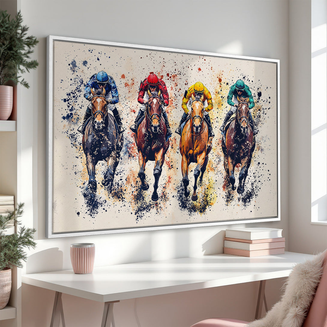 Framed Wall Art of racehorses. Watercolor style with vibrant colors. Perfect for equestrian decor. Canvas Print adds a touch of art to any space.
